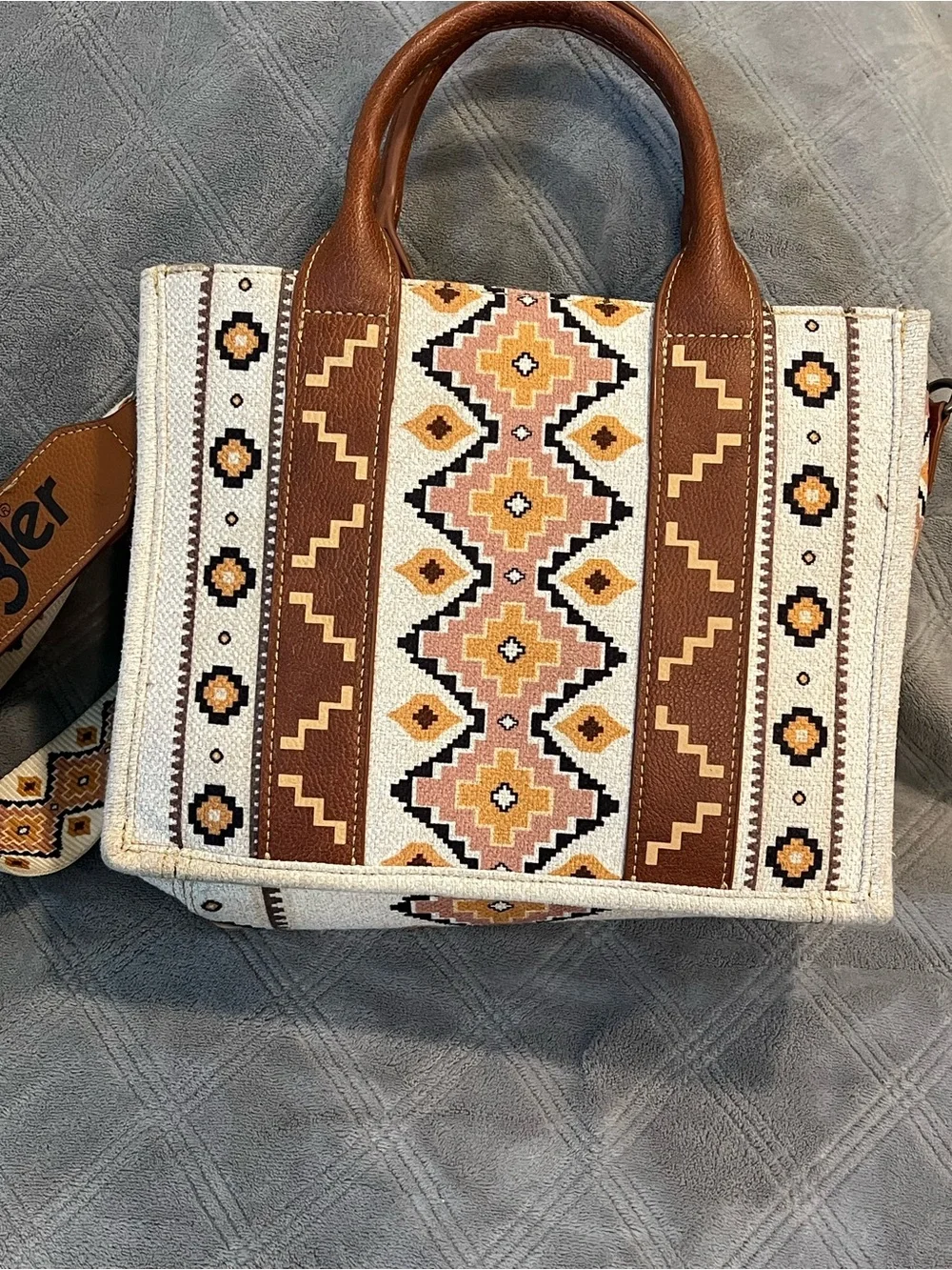 Wrangler Cream and Brown Aztec Satchel with Patterned Strap